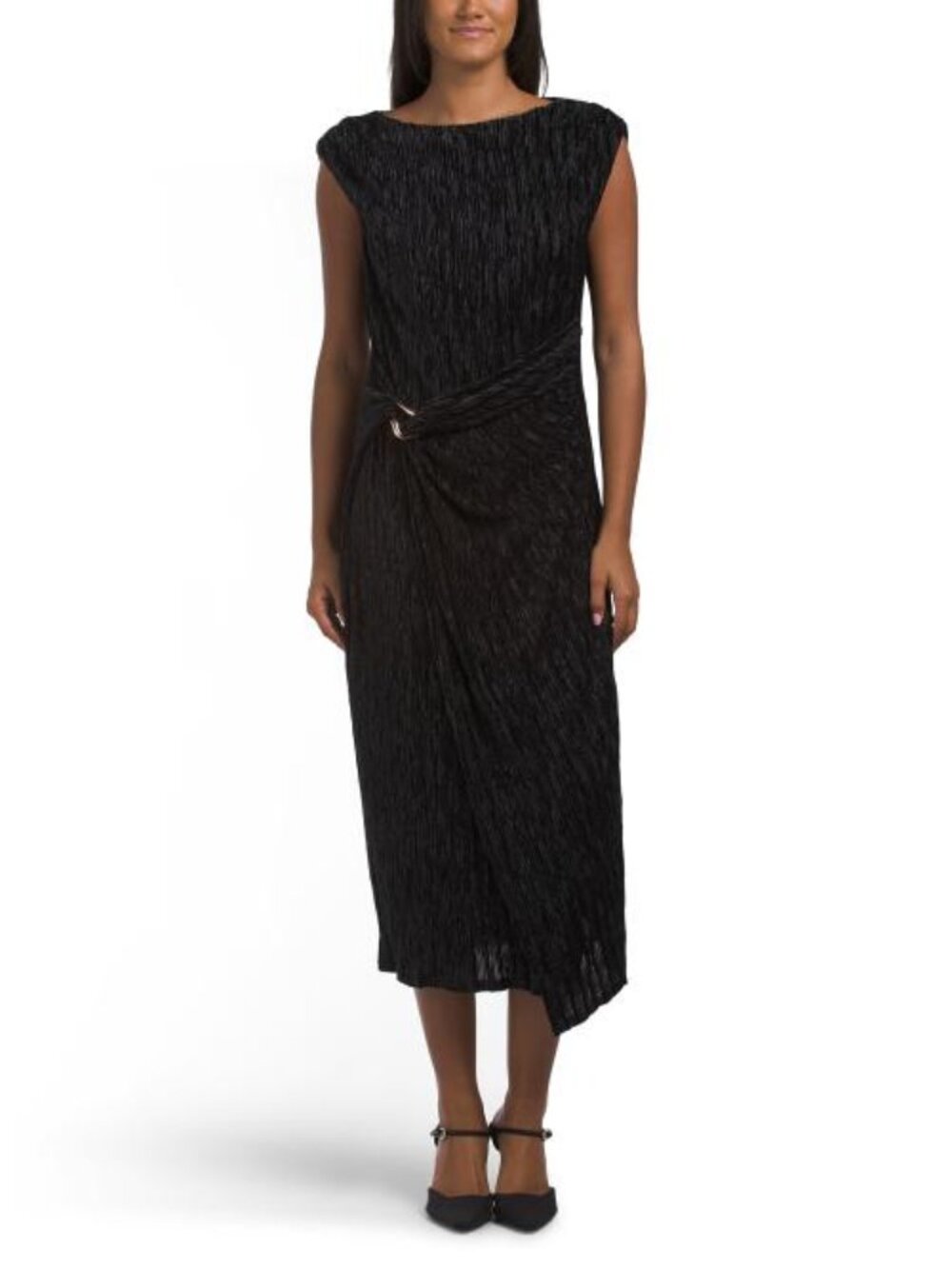 MAGGY LONDON Crinkle Velvet Midi Dress With Side Hardware